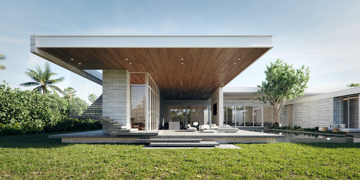Modern minimalist house exterior with flat overhanging wood ceiling, stone walls, glass walls, pool, and green lawn, neutral and serene tones